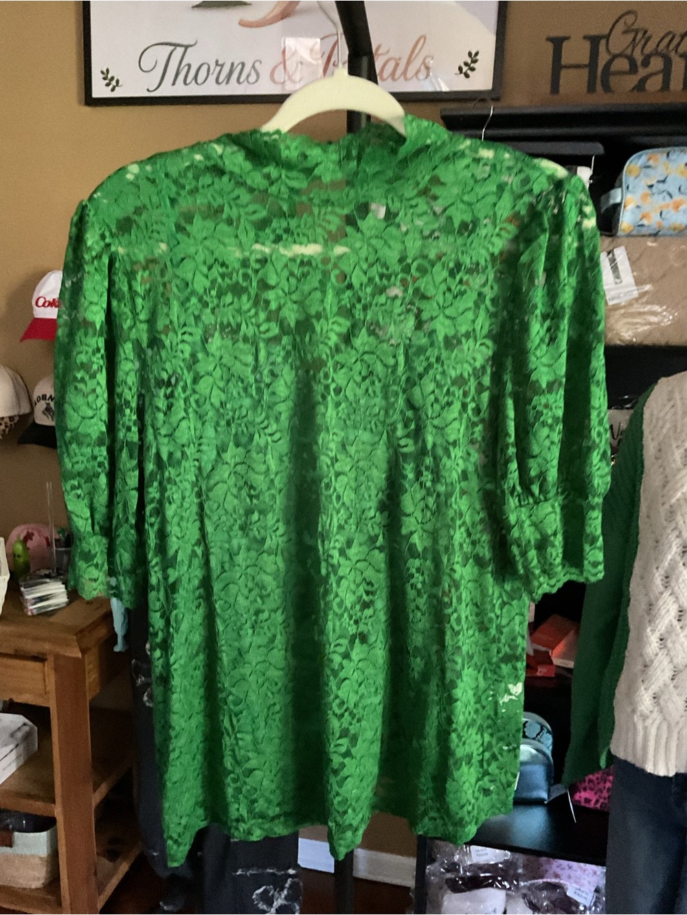 Women's Green Lace Blouse with Relaxed Short Sleeves